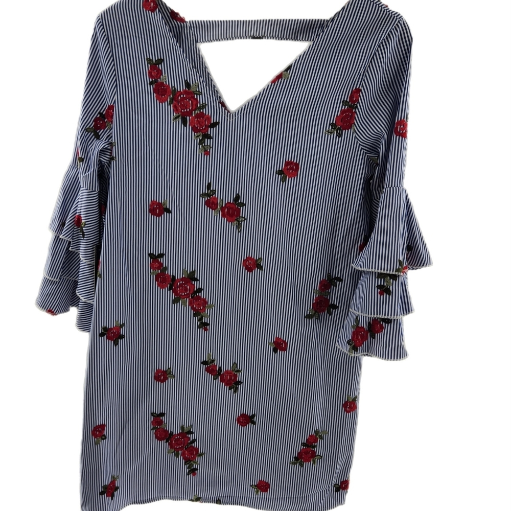 Max Sport Blue and White Tiered Bell Sleeve Shift Dress Womens Size Small
